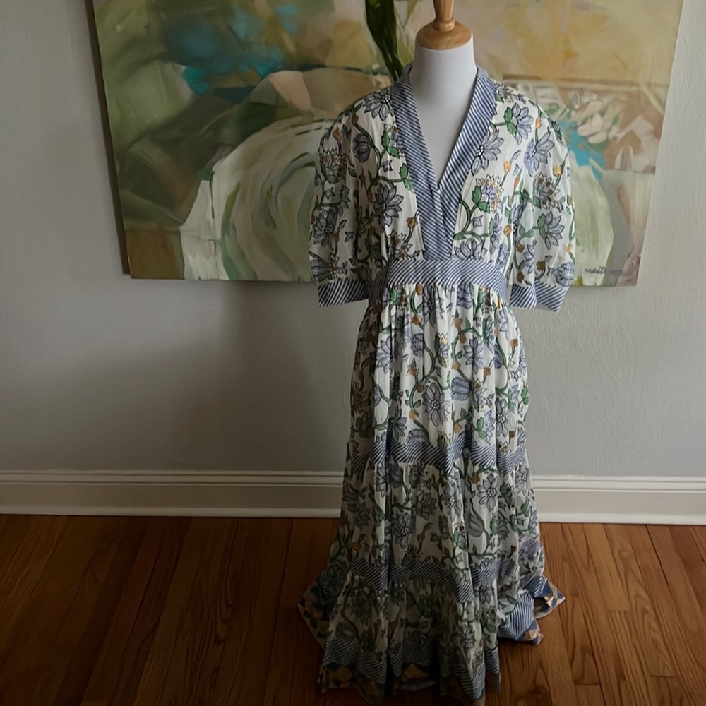 Oliphant - Women’s V-Neck Cuffed Maxi Dress in ‘Presidio Blue’ Print Large - Picture 9 of 17